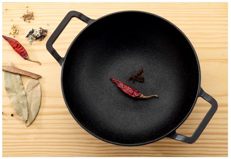 SQUICKLE SQUICKLE Premium Flat Base Cast Iron KadaiBlack Iron Kadhai WokDeep Bottom Kadai for CookingKitchen Cooking Accessories 8 Inch - Image 2