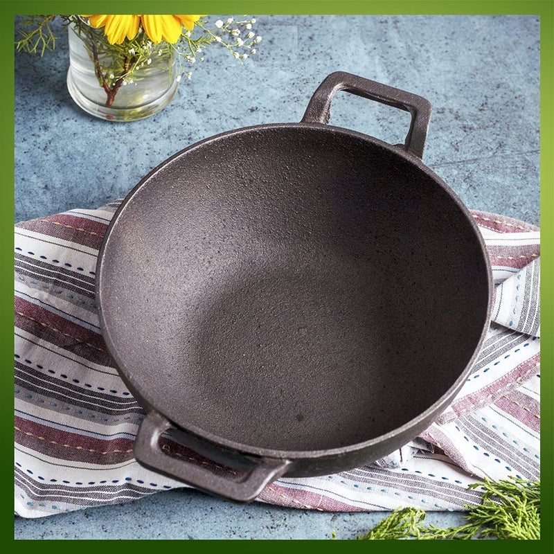 SQUICKLE SQUICKLE Premium Flat Base Cast Iron KadaiBlack Iron Kadhai WokDeep Bottom Kadai for CookingKitchen Cooking Accessories 8 Inch - Image 3