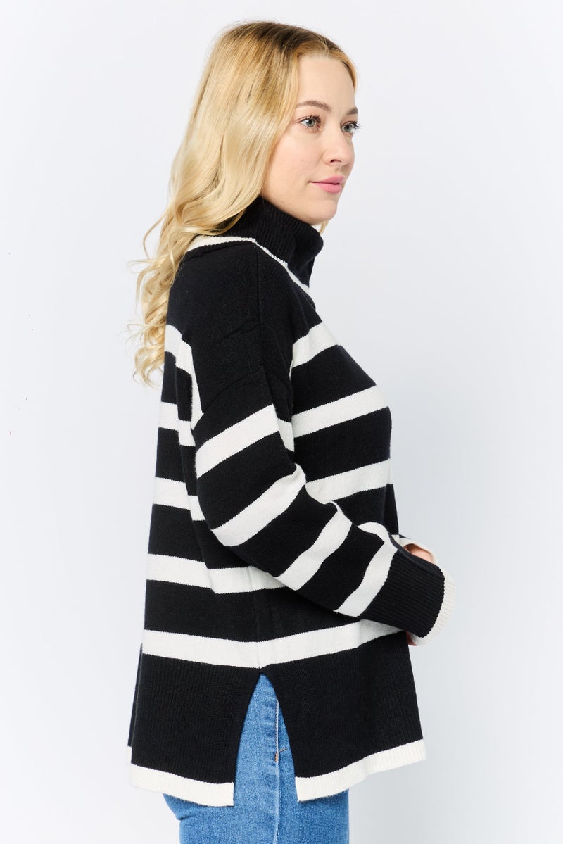 Luxe by Tricot Women Turtle Neck Stripe Sweaters, Multicolor - Image 3