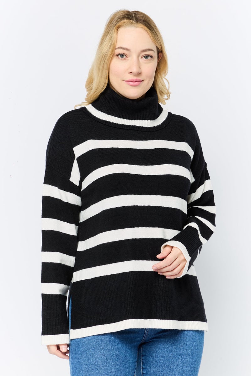 Luxe by Tricot Women Turtle Neck Stripe Sweaters, Multicolor - Image 1