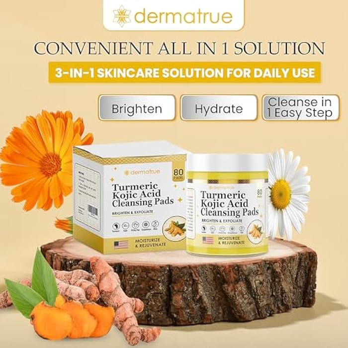 Dermatrue Turmeric Kojic Acid Cleansing Pads For Face Exfoliating And Dark Spots, 80pcs, Brightening, Balance and Moisturize Skin, with Vitamin B, Retinol, Prickly Pear, Olive Oil, Gentle For All Skin Types - Image 3
