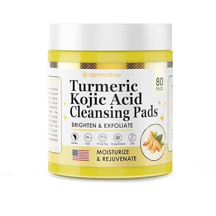 Dermatrue Turmeric Kojic Acid Cleansing Pads For Face Exfoliating And Dark Spots, 80pcs, Brightening, Balance and Moisturize Skin, with Vitamin B, Retinol, Prickly Pear, Olive Oil, Gentle For All Skin Types - Image 1