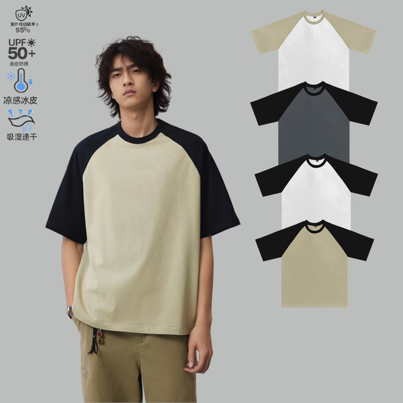 50 Count American Retro T-Shirt Short-Sleeved Summer Heavyweight Solona 260G Round Neck Splicing Raglan Sleeve T-Shirt Top - Image 2