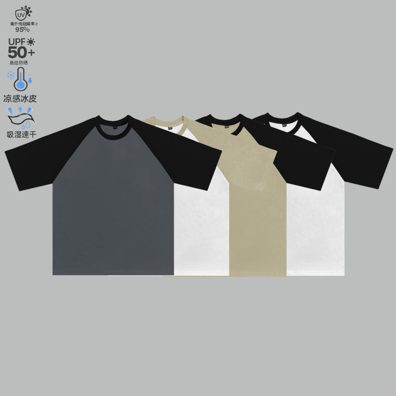 50 Count American Retro T-Shirt Short-Sleeved Summer Heavyweight Solona 260G Round Neck Splicing Raglan Sleeve T-Shirt Top - Image 5