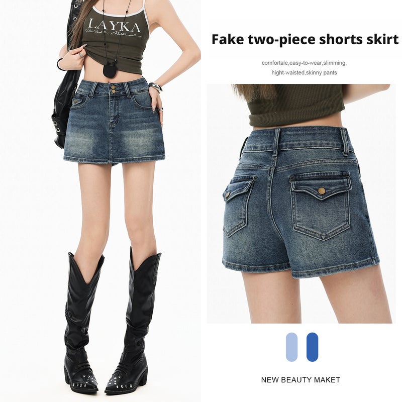 Vintage Blue A-Line Denim Skort for Women Summer Casual - Image 1