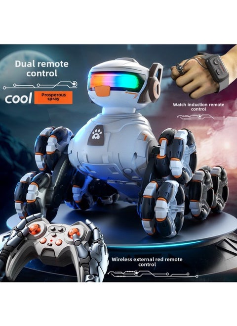 Children's Remote Control Car Eight-wheel Stunt Deformation Robot Dog Voice Control Gesture Remote Control Induction Cross-country Climbing Car Toy Men-Color: Eight-wheel Stunt Spray Dog-white-Specifications: 2 Sets Of Lithium Batteries + Replacement If Broken + Remote Control Battery + Screwdriver