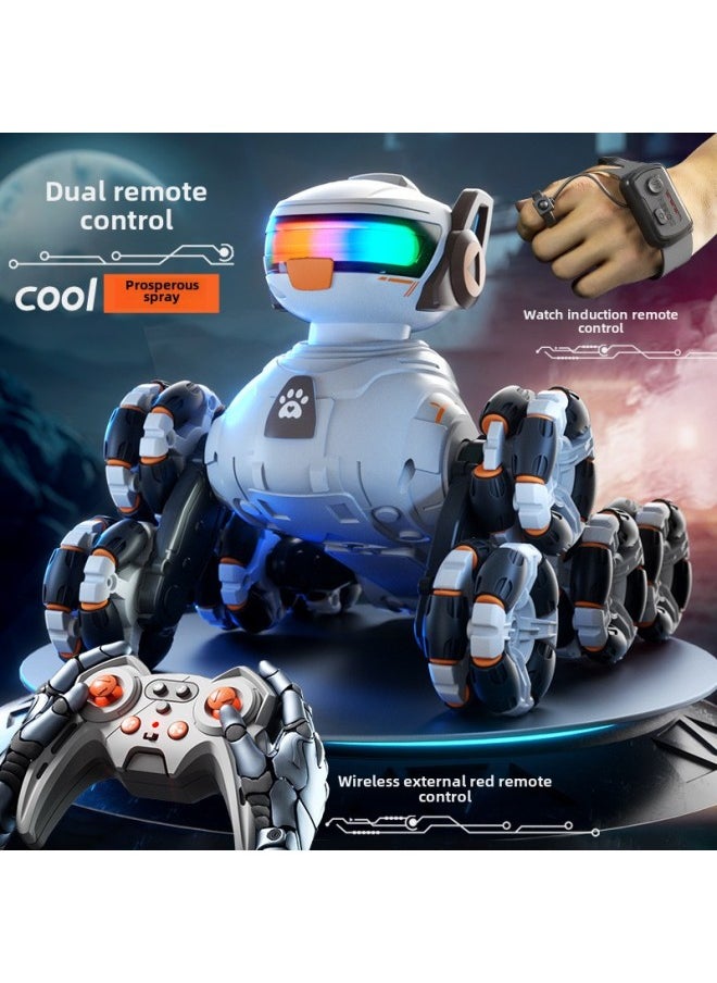 Children's Remote Control Car Eight-wheel Stunt Deformation Robot Dog Voice Control Gesture Remote Control Induction Cross-country Climbing Car Toy Men-Color: Eight-wheel Stunt Spray Dog-white-Specifications: 2 Sets Of Lithium Batteries + Replacement If Broken + Remote Control Battery + Screwdriver  - Image 1