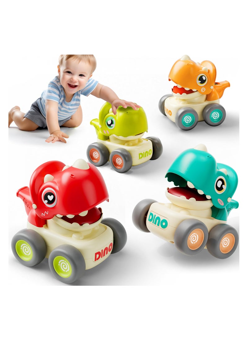 4PCS Dinosaur Car Toys for Toddlers 1-3, Baby Dino Press Go Whistle Cars, Infant Racing Vehicle Set, Push Go Friction Car for baby, 1st Birthday Gift for 1 2 Years Old Boys Girls(Red+Blue+Yellow+Gre  - Image 1