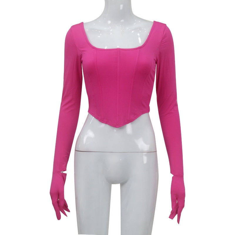 Vintage Euro-Style Low-Cut Square Neck Long Sleeve Glove Crop Top T-Shirt rose red