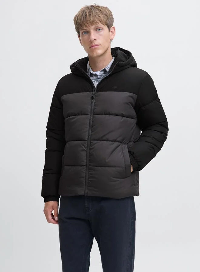 JACK & JONES Grey Solid Puffer Jacket with Hood