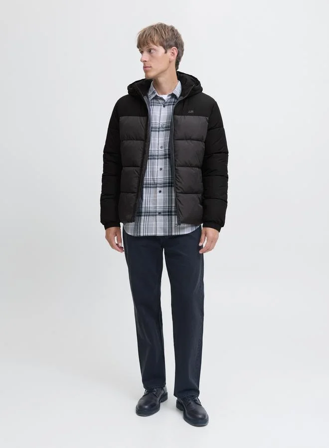 JACK & JONES Grey Solid Puffer Jacket with Hood