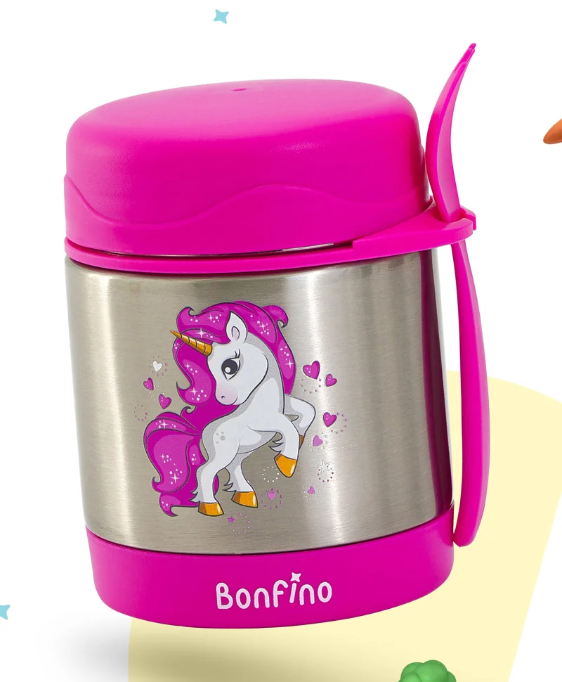 بونفينو Bonfino Unicorn Theme Food Jar, Stainless Steel Body, Insulated, Built in Holder,  Compact Size, 12 Months+, 8.6 X 7.3 X 11.7 cm - Pink