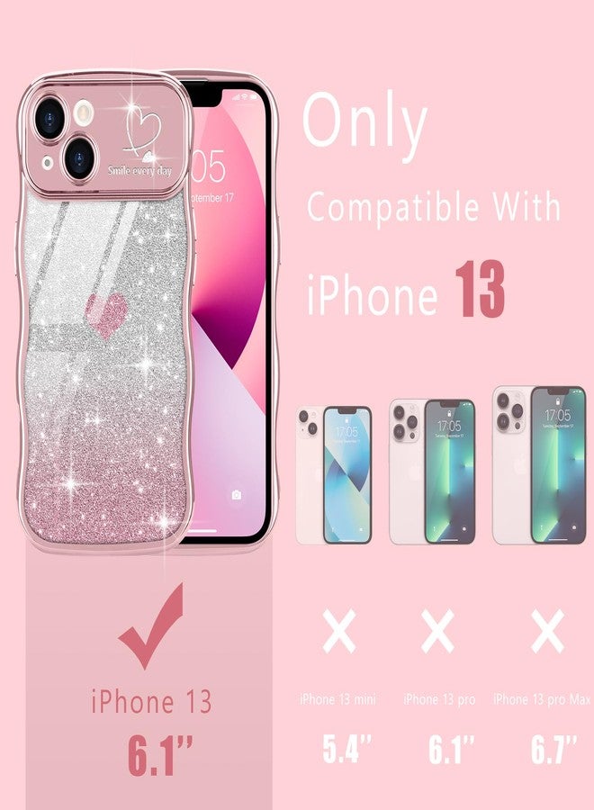 Teageo جراب Teageo لهاتف iPhone 13 للنساء والفتيات، بتصميم أنيق ومموج، مزين بقلب لامع، لحماية الكاميرا، غطاء فاخر مقاوم للصدمات، جراب شفاف مموج لهاتف iPhone 13 مقاس 6.1 بوصة، لون وردي - Image 2