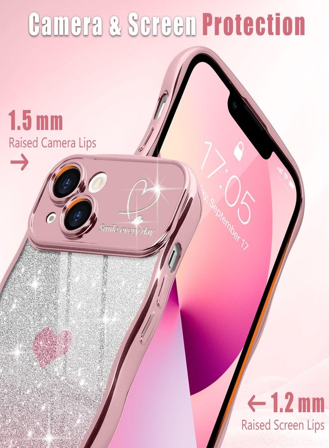 Teageo جراب Teageo لهاتف iPhone 13 للنساء والفتيات، بتصميم أنيق ومموج، مزين بقلب لامع، لحماية الكاميرا، غطاء فاخر مقاوم للصدمات، جراب شفاف مموج لهاتف iPhone 13 مقاس 6.1 بوصة، لون وردي - Image 3