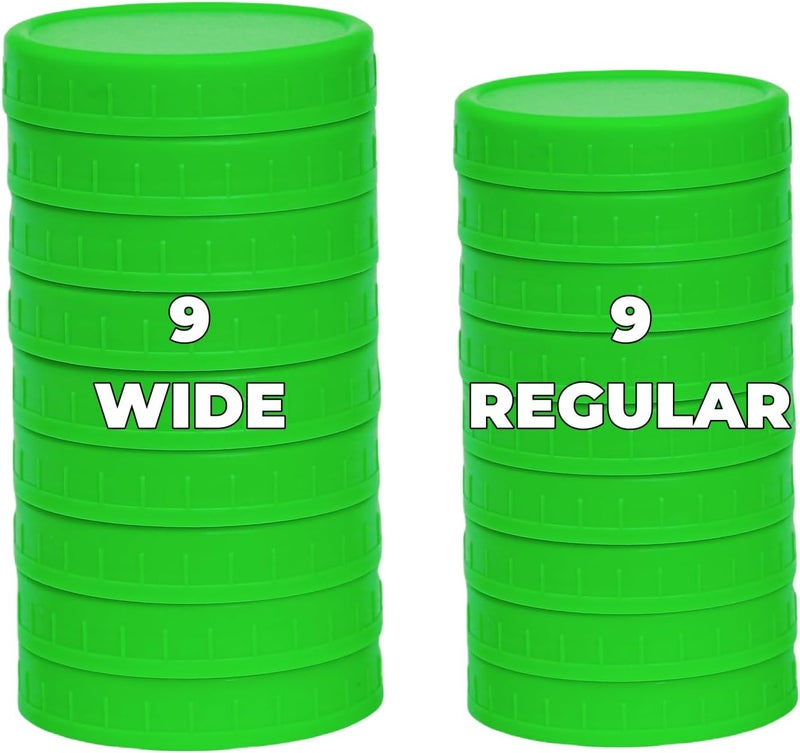 Bedgeta 18 Pack 9 Wide Mouth & 9 Regular Mouth Mason Jar Lids with Silicone Rings,Thickened Leak-proof Lids Fit Ball,Kerr and More, Green Plastic Lids, 86mm & 70mm Plastic Mason Jar Lids(Green) - Image 1