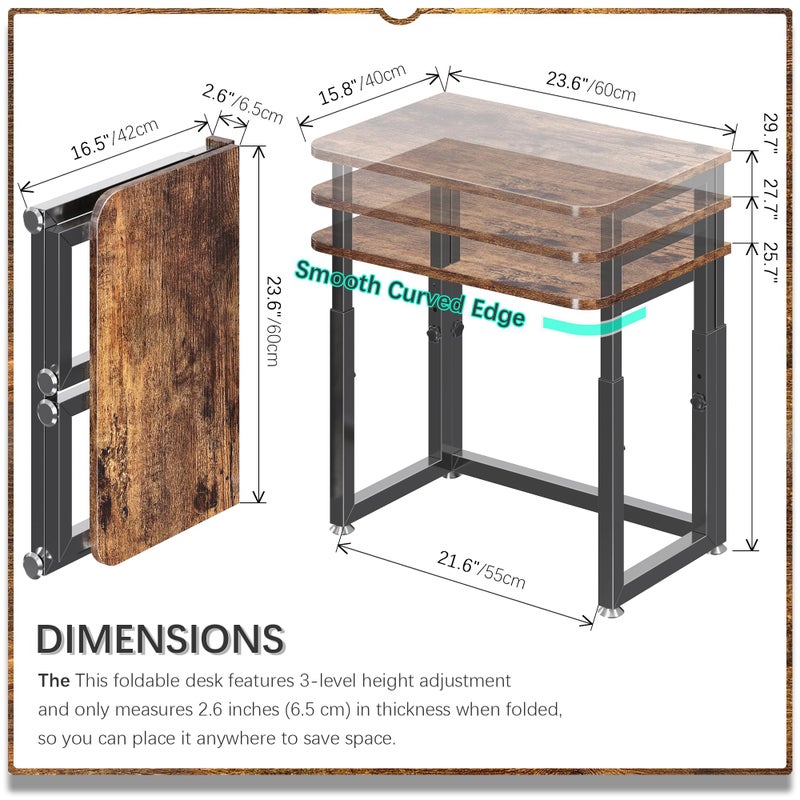 4NM No Tool Assembly 23.6" Small Desk, Folding Portable Desk with Wheels, Adjustable Height Foldable Computer Home Office Desks, Collapsible Study Writing Table for Space Saving Bedroom - Rustic Brown - Image 5