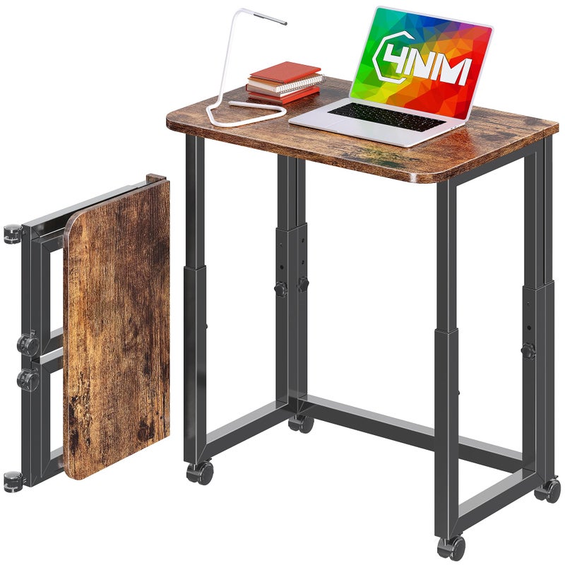 4NM No Tool Assembly 23.6" Small Desk, Folding Portable Desk with Wheels, Adjustable Height Foldable Computer Home Office Desks, Collapsible Study Writing Table for Space Saving Bedroom - Rustic Brown - Image 1