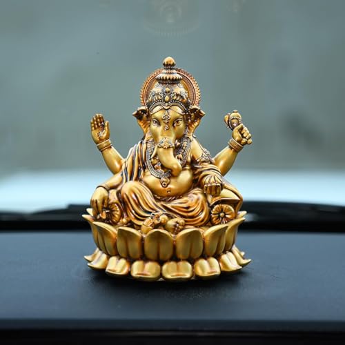 Artarium Golden Small Lord Ganesha Idol, Resin Lotus Ganpati Murti Statue, Handcrafted for Car Dashboard Home Temple and Home Decor Gift Item (4-Inch) - Image 2