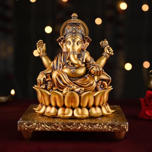 Artarium Golden Small Lord Ganesha Idol, Resin Lotus Ganpati Murti Statue, Handcrafted for Car Dashboard Home Temple and Home Decor Gift Item (4-Inch) - Image 3