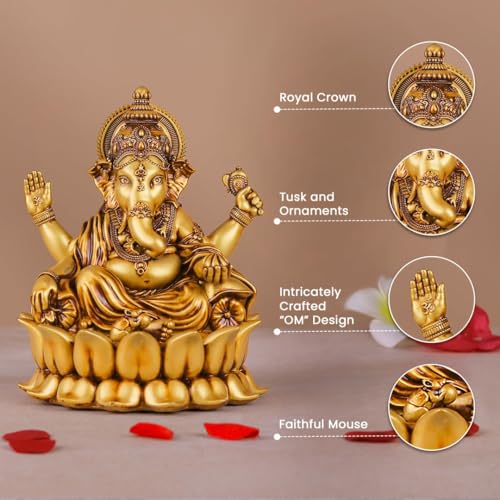 Artarium Golden Small Lord Ganesha Idol, Resin Lotus Ganpati Murti Statue, Handcrafted for Car Dashboard Home Temple and Home Decor Gift Item (4-Inch) - Image 5