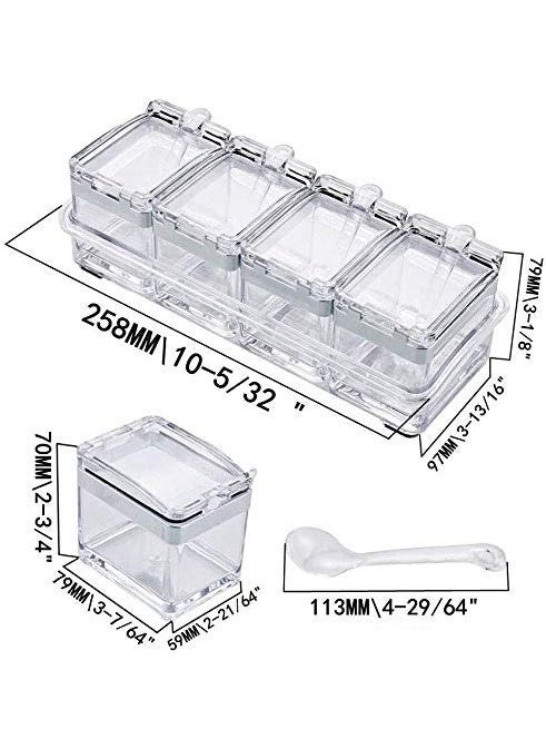 2V BROTHERS - 2V BROTHERS Crystal Seasoning Box Kitchen Acrylic Transparent Spice Jar Box Case Set Storage Container Condiment Jars Dispenser for Salt Sugar Cruet with Cover and with Serving Spoons Set of 4 - Image 1