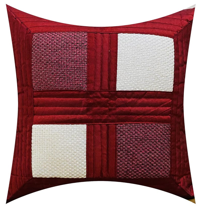 BUNIO Jute and Dupion Silk Box Design Cushion Covers 16 x 16 inches Set of 5 Pieces Red - Image 2