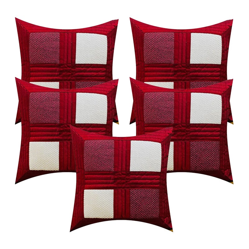 BUNIO Jute and Dupion Silk Box Design Cushion Covers 16 x 16 inches Set of 5 Pieces Red - Image 1