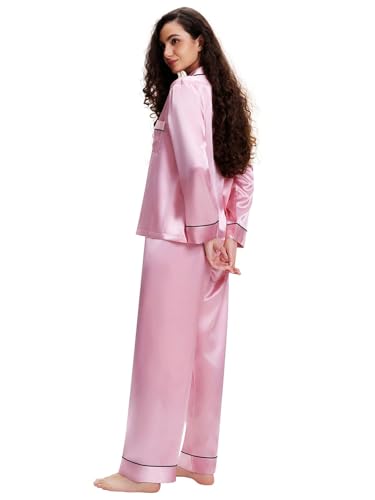Lonxu Womens Silk Satin Pajamas Set Pink XL - Image 3