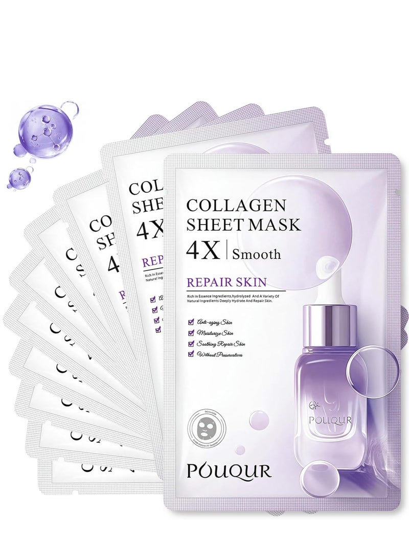 POUQUR 10 PCS Korean Face Masks, Collagen Mask for 4X Smoother & Brighter Skin, Deep Hydrating & Moisturizing, Skin Repair, Firming & Anti-Wrinkle Facial Sheet Mask - Image 1