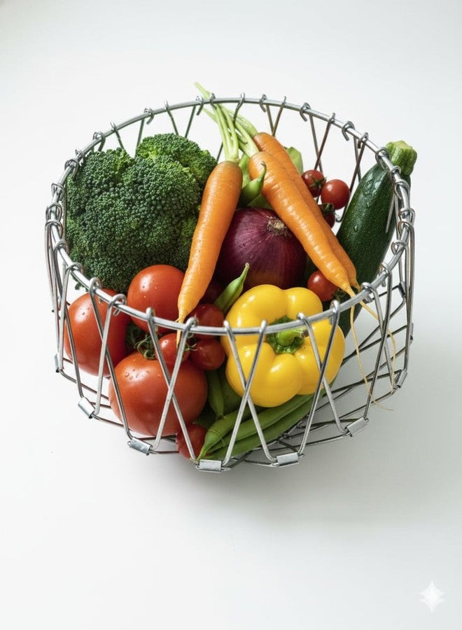 Uttam Multi-Purpose Foldable Wire Basket, Stainless Steel, Kitchen Strainer, Steamer, Deep Fryer, Decorative Serving Bowl, Fruit Basket, Vegetable Basket. - Image 1
