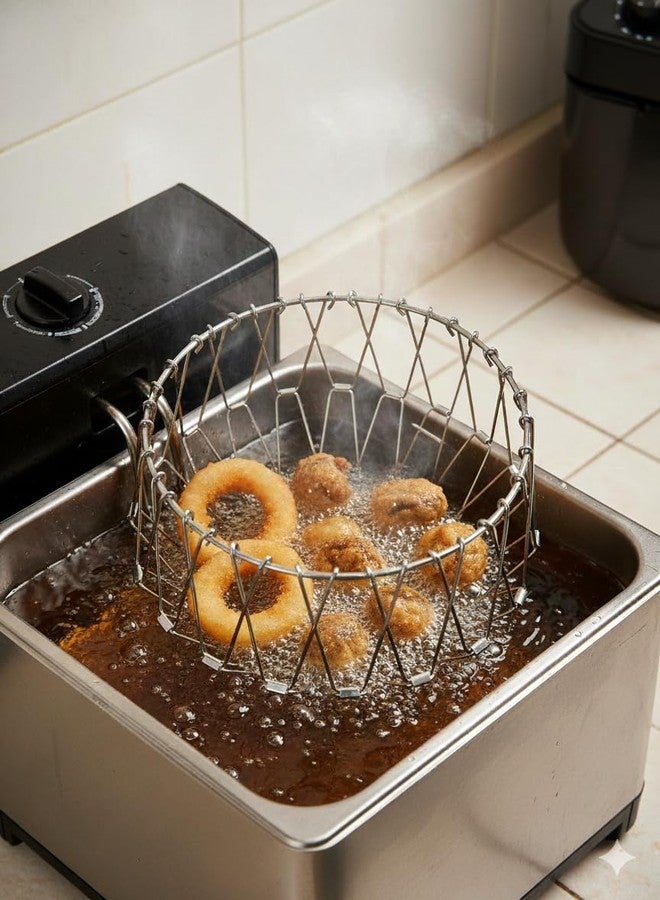 Uttam Multi-Purpose Foldable Wire Basket, Stainless Steel, Kitchen Strainer, Steamer, Deep Fryer, Decorative Serving Bowl, Fruit Basket, Vegetable Basket. - Image 2