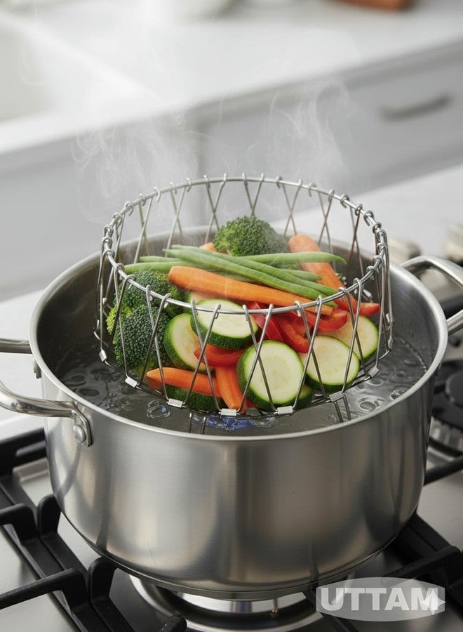 Uttam Multi-Purpose Foldable Wire Basket, Stainless Steel, Kitchen Strainer, Steamer, Deep Fryer, Decorative Serving Bowl, Fruit Basket, Vegetable Basket. - Image 4