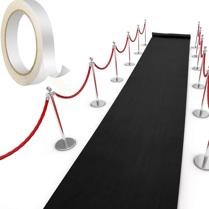 سجادة شابي السوداء لحفلات 55 جرام سمك مع شريط سجادة سجادة ممر لحفلة هالوين تخرج زفاف رقص أرضية خارجية ملحقات 26 × 30 قدم