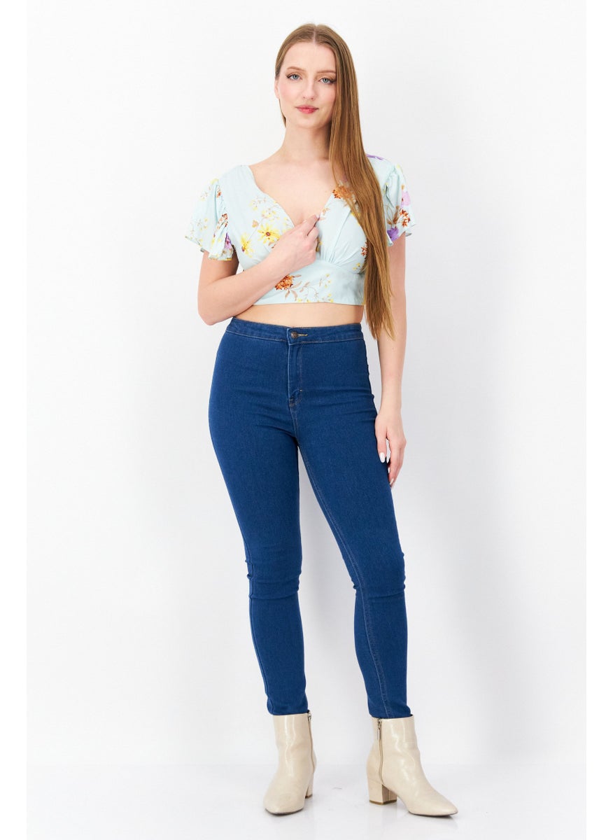 Aqua Women V-Neck Flutter Sleeves Floral Print Crop Top, Mint Combo  - Image 4