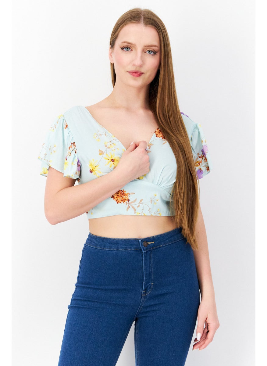 Aqua Women V-Neck Flutter Sleeves Floral Print Crop Top, Mint Combo  - Image 1