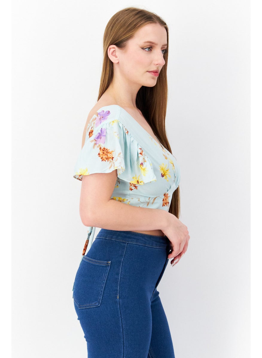 Aqua Women V-Neck Flutter Sleeves Floral Print Crop Top, Mint Combo  - Image 2