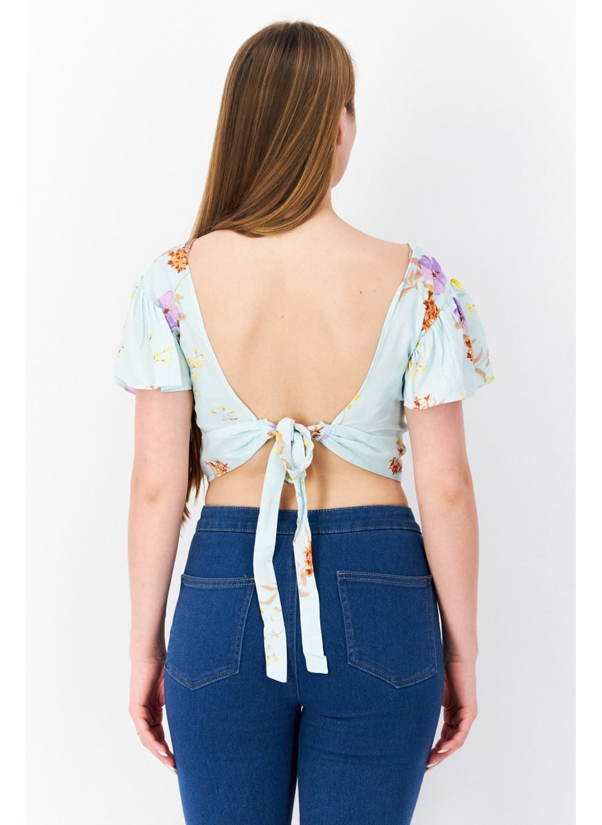 Aqua Women V-Neck Flutter Sleeves Floral Print Crop Top, Mint Combo  - Image 3