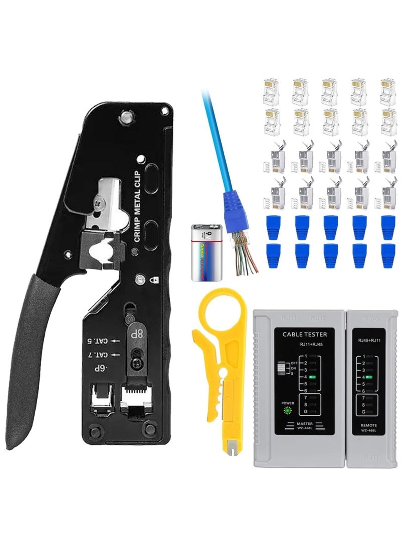 XIKKART XIKKART RJ45 Crimping Tool Kit Passthrough Cat7 Cat6A Cat6 Cat5E Cat5 RJ45 Ethernet Crimp Tool with 10PCS Cat7 Pass Through Connectors 10PCS Cat6 Pass Through Connector 10PCS Covers Black  - Image 1
