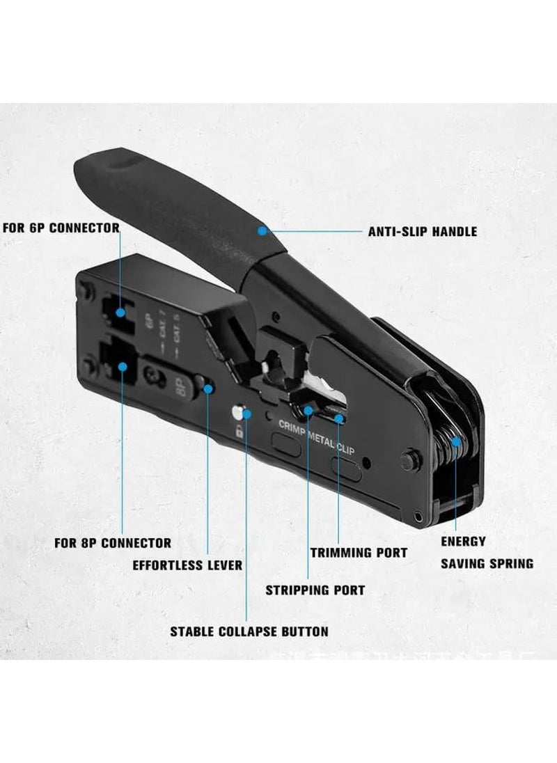 XIKKART XIKKART RJ45 Crimping Tool Kit Passthrough Cat7 Cat6A Cat6 Cat5E Cat5 RJ45 Ethernet Crimp Tool with 10PCS Cat7 Pass Through Connectors 10PCS Cat6 Pass Through Connector 10PCS Covers Black  - Image 3
