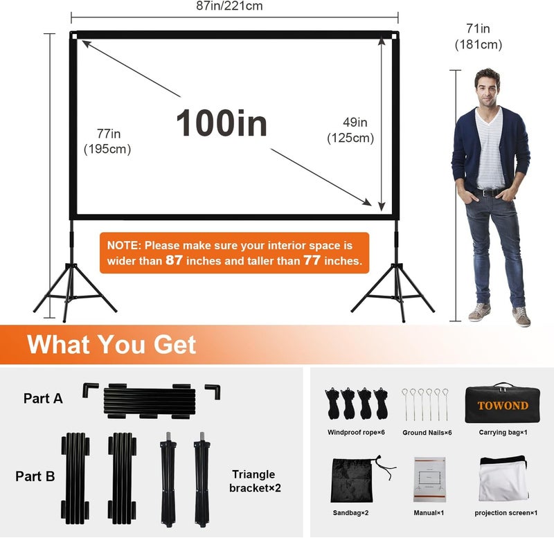 TOWOND Projector Screen and Stand, 100 inch Portable Movie Screen Indoor Outdoor 16:9 4K HD Front Rear Projection Screen with Carry Bag Wrinkle-Free and Foldable Design for Backyard Movie Night - Image 2