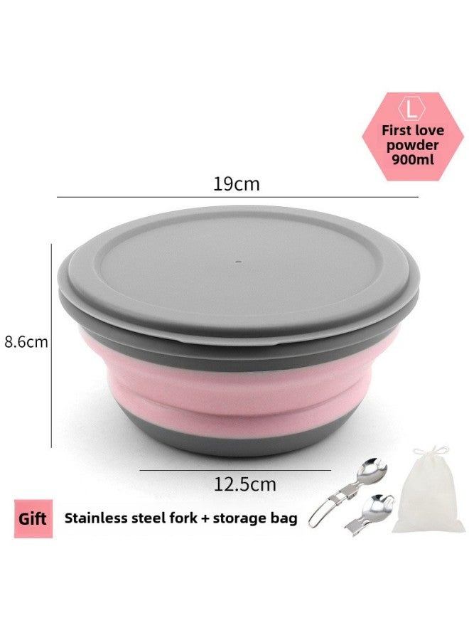 Folding Bowl Portable Retractable Outdoor Compression Travel Travel Wild Tableware Baby Picnic Anti-fall Lunch Box Wholesale-Specifications:Pink - Large Bowl, Free Stainless Steel Fork + Storage Bag  - Image 1