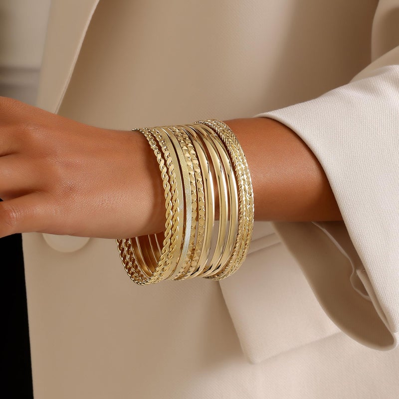 AYWFCBF Gold Bangles Bracelets for Women, 12Pcs Gold Plated Stackable Bracelets Multi Layer Textured Gold Bracelets Set Jewelry for Women - Image 3