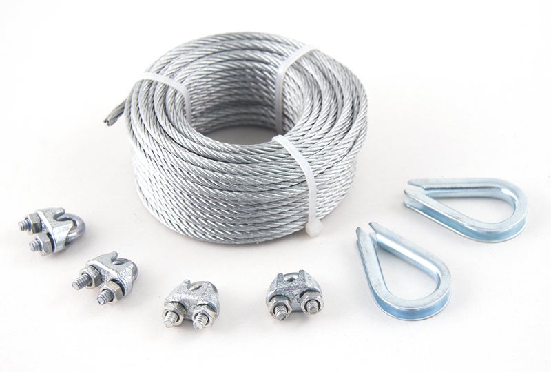 KingChain 504711 1/8-inch x 50 ft Galvanised Steel 7 x 19 Aircraft Cable Metal Wire Rope Kit with 400 lb. Safe Working Load (Includes x4 1/8-inch Wire Rope Clips and x2 1/8-inch Wire Rope Thimbles) - Image 1
