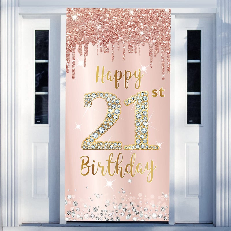 Excelloon Happy 21st Birthday Door Banner Backdrop Decorations for Women Pink Rose Gold 21 Birthday Party Door Cover Sign Supplies 21 Year Old Bday Poster Background Photo Booth Props Decor - Image 2