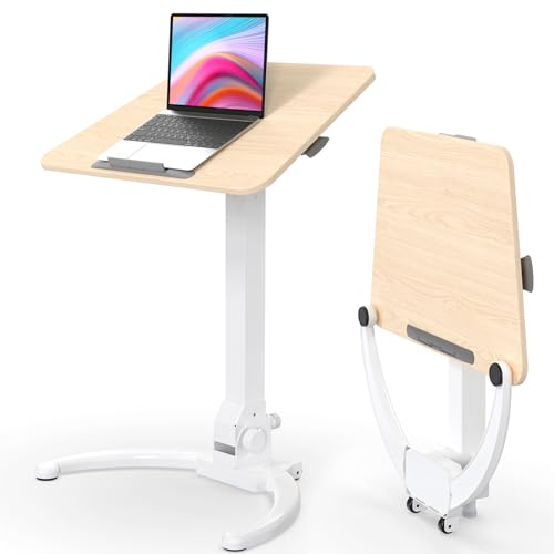 JOY worker Foldable Mobile Standing Desk Pneumatic Height Adjustable Sit Stand Desk 90 Tiltable Rolling Laptop Desk Portable Cart with Wheels NonSlip Mat for Home Office Holds Up to 22lbs