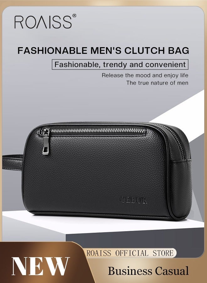 roaiss Men's Clutch Simple Casual Bag Made of Soft Premium Leather for Business Retro Trend Handbag Upgraded Version Large Capacity Mobile Phone Bag with Multiple Card Slots Black - Image 2