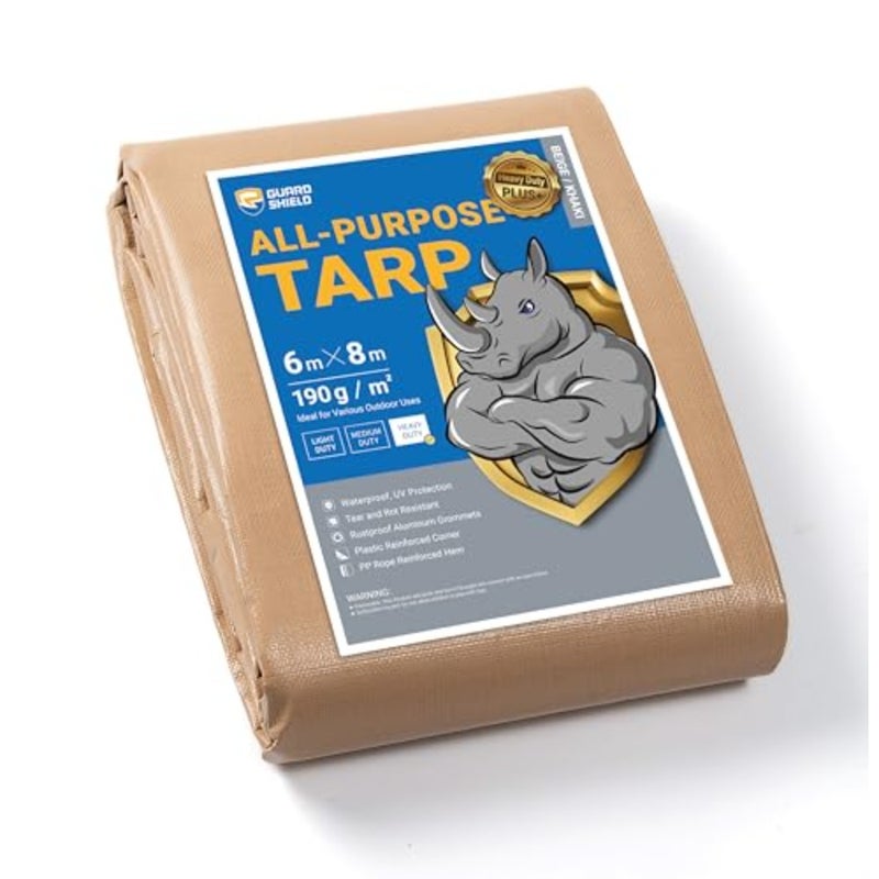 Heavy Duty Tarpaulin Sheet 6x8m Beige/Khaki Tarp Multi Purpose UV Resistant Waterproof Ground Cover 195g/m² - Image 1