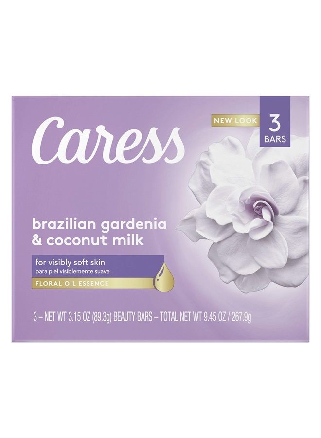 Caress Beauty Bar Soap For Visibly Soft Skin Brazilian Gardenia & Coconut Milk With Floral Oil Essence 3.15 oz 3 Bars - Image 1