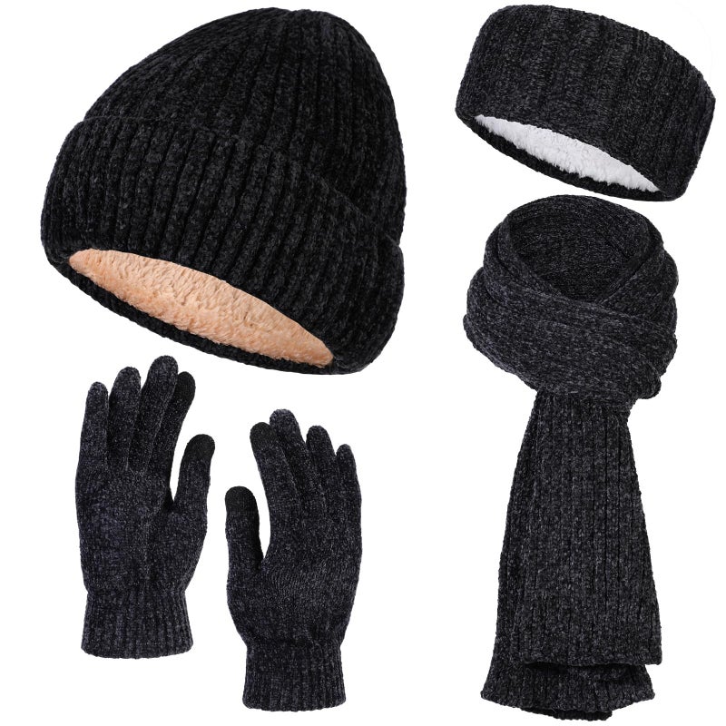 Breathffy 4 Pcs Winter Hat Scarf Gloves Headband Set Knit Beanie Touch Screen Gloves Long Scarf Xmas Gift for Women Men, Black Gray, One size - Image 1