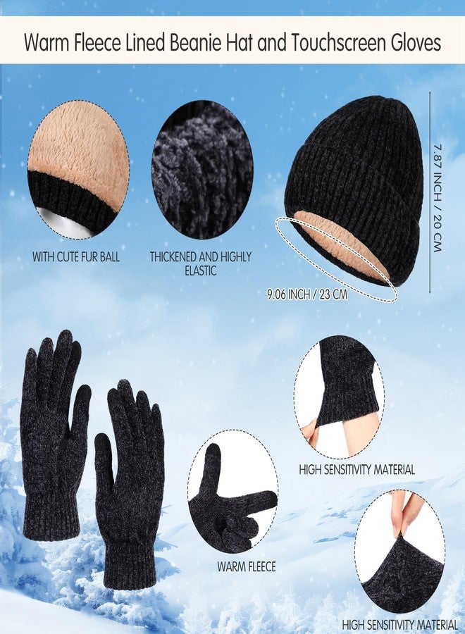 Breathffy 4 Pcs Winter Hat Scarf Gloves Headband Set Knit Beanie Touch Screen Gloves Long Scarf Xmas Gift for Women Men, Black Gray, One size - Image 2